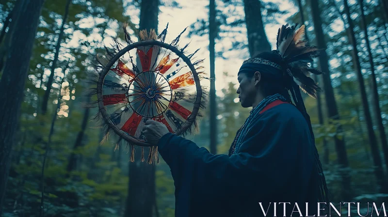 AI ART Man in Forest with Native American Shield