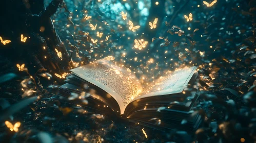 Glowing Butterflies Around Open Book