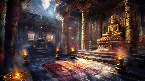 Gilded Buddha in Candlelit Temple Interior