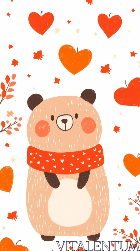 Cute Bear with Hearts and Leaves AI Image