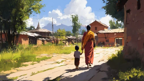 Rural Village Scene with Mother and Child