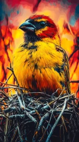 Fiery Backdrop Bird in Nest