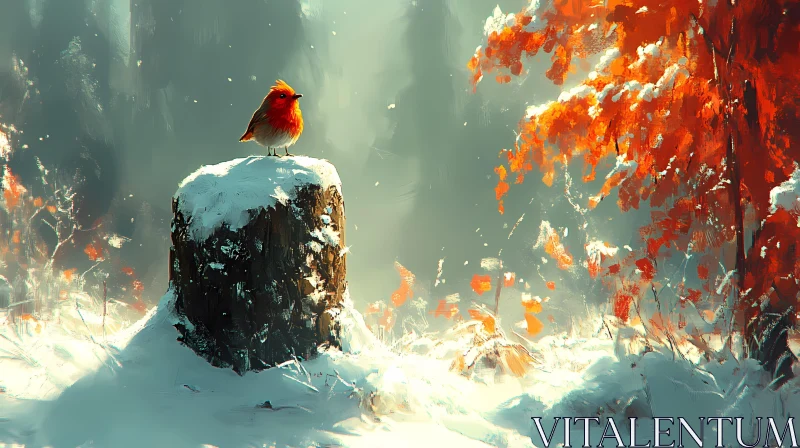 AI ART Winter Robin on Snowy Stump