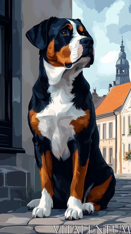 AI ART Tri-Color Dog in Historic Town