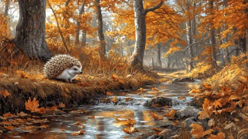 Hedgehog in Autumnal Forest by Creek