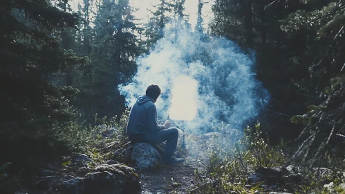 Man in Forest with Smoke