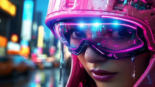 Futuristic Woman in Neon City - Pink Helmeted Urban Beauty