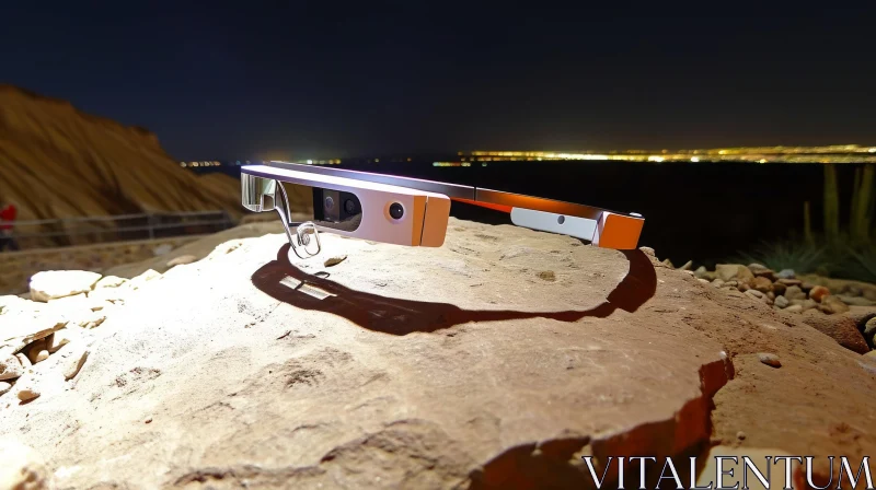 Google Glasses on Rock at Night | Light Orange and Silver AI Image