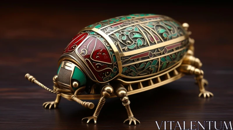 Intricate Gold Beetle Sculpture on Wooden Base | Ancient Egyptian Inspired Art AI Image