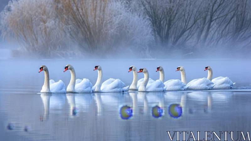 Majestic Swans in Misty Lake: A Captivating Nature Scene AI Image