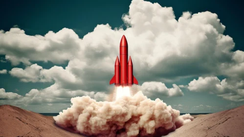 Red Rocket Launch: Vintage Imagery and Explosive Pigmentation