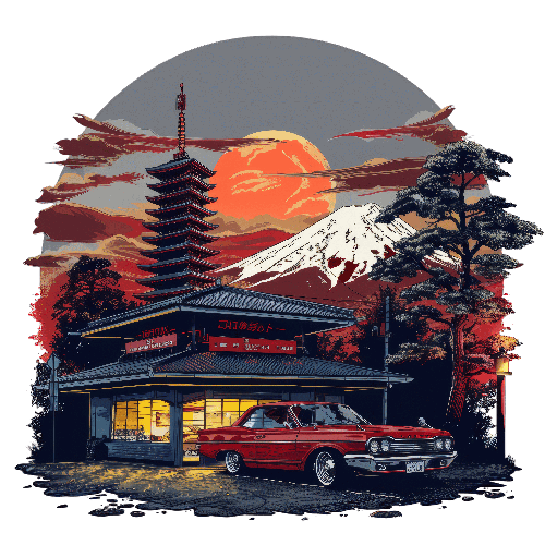 Retro Japanese Restaurant Illustration with Mount Fuji POD Design