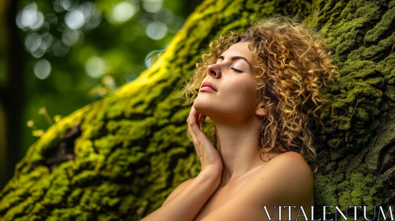 Serene Beauty: Young Woman Leaning Against Moss-Covered Tree Trunk AI Image