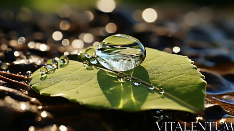 AI ART Sunlit Water Droplet on Leaf - A Study in Nature's Elegance