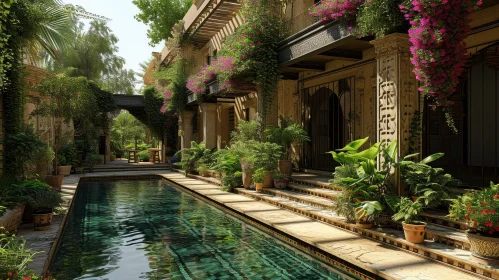 Tranquil Courtyard with Swimming Pool and Lush Greenery