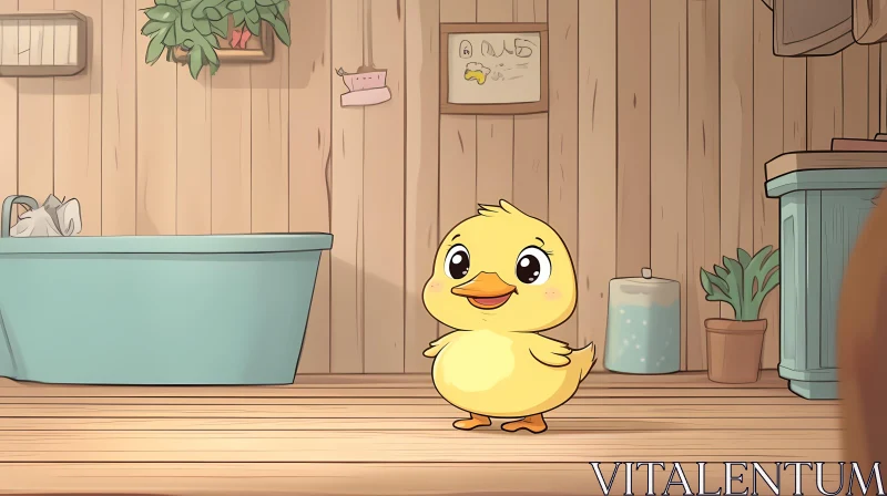 Adorable Duck in Wooden Bathroom Scene AI Image