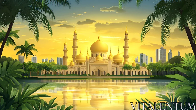 Serene Mosque View at Sunset AI Image