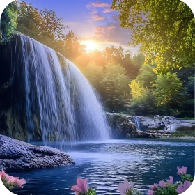 Waterfall and Forest Sunset Scene