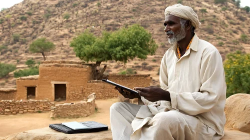 Traditional Meets Modern: Man Using Tablet