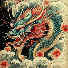 Crimson Eastern Dragon and Floral Design