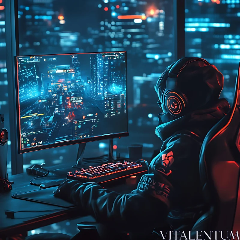 Futuristic Gaming Setup in a Cyberpunk Environment AI Image