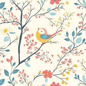 Whimsical Bird Perched on Flowering Branch