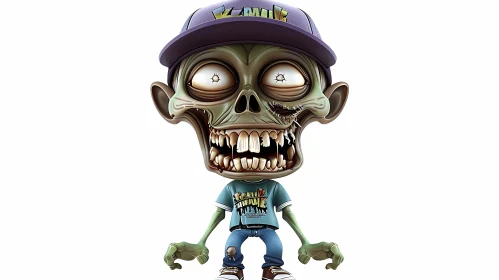 3D Rendered Cartoon Zombie with Green Skin, Purple Cap, and Blue T-Shirt