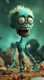 3D Rendering of a Green-Skinned Cartoon Zombie