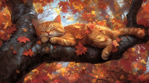 Tranquil Feline Resting in Fall Foliage