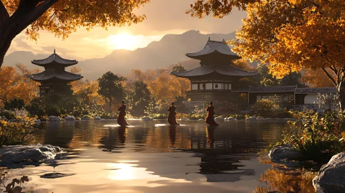 Tranquil Monks in Pagoda Garden