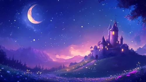 Magical Castle at Night with Crescent Moon