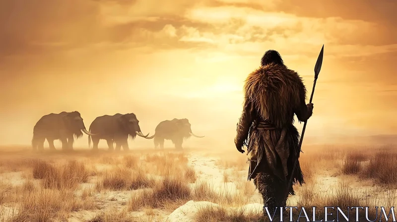 AI ART Prehistoric Hunter with Spear and Mammoths