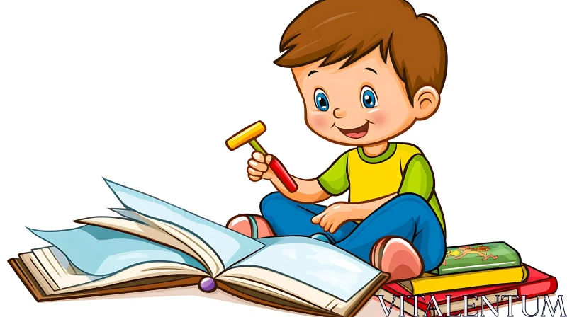 Young Boy's Reading Time Cartoon AI Image