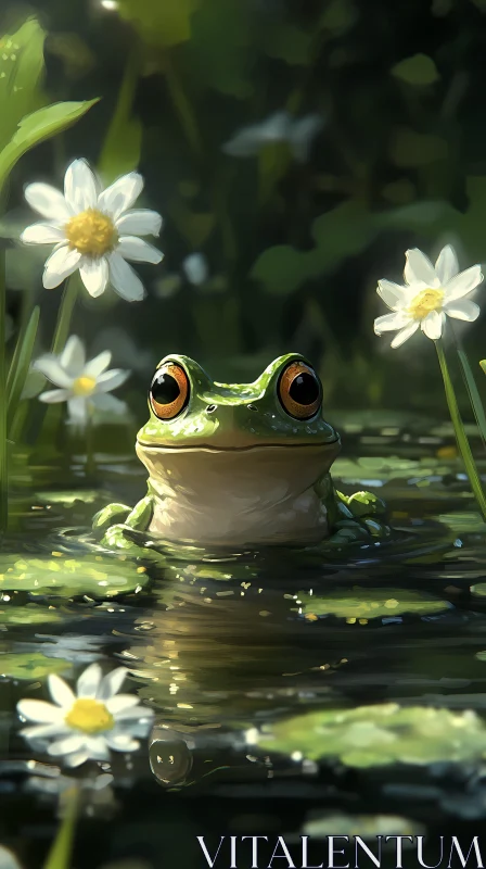 Frog in Tranquil Pond Scene AI Image