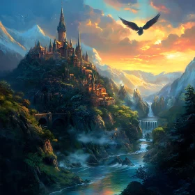 Mountain Castle and Eagle at Sunset