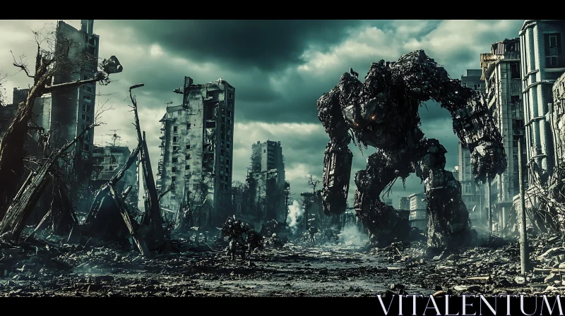 Post-Apocalyptic Robot in Destroyed City AI Image