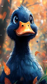Whimsical Blue Duck Surrounded by Autumn Leaves