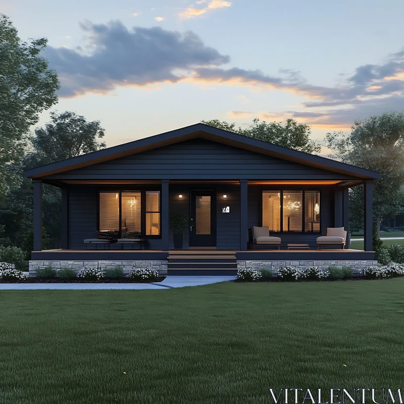 Evening View of Contemporary Home with Front Porch AI Image