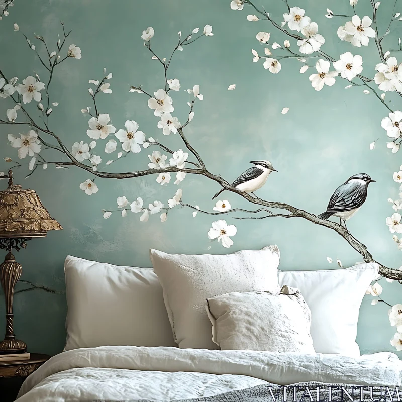 Tranquil Bedroom Decor with Bird and Blossom Wall Art AI Image