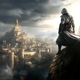 Hooded Figure Overlooking Ancient City