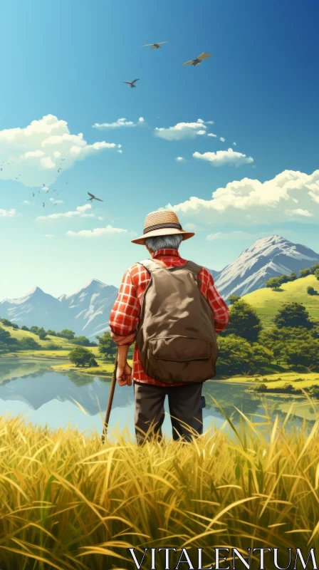 A Man in Grass with Backpack: Majestic Mountain Landscape AI Image