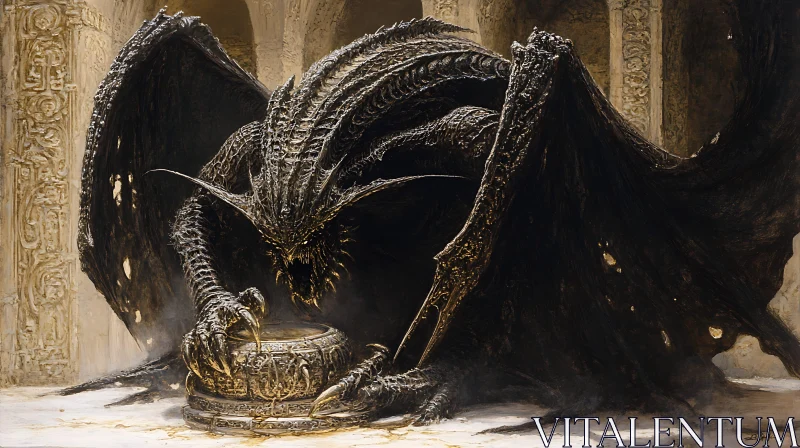 Dragon Resting Near Ornate Vessel AI Image