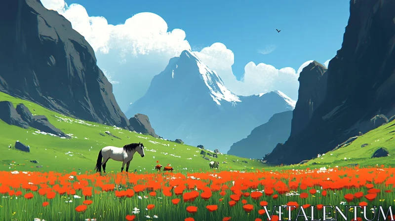 AI ART Mountain Horse and Flowers