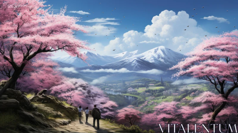 Anime Blossom Spring Artwork - Serene Pastoral Scenes amidst Mountainous Vistas AI Image