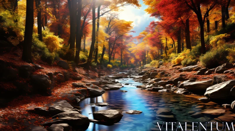 Autumn Wonderland: A Vibrant Stream Surrounded by Trees AI Image