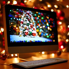 Christmas Tree on Desktop with Bokeh Lights