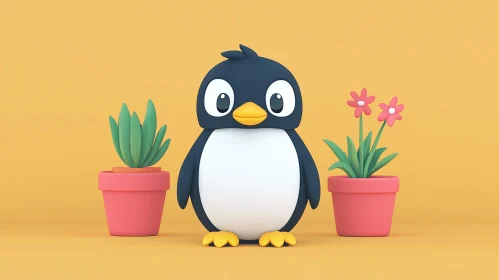 Penguin with Potted Plants