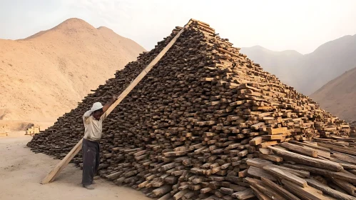 Man Constructing Pyramid from Wood