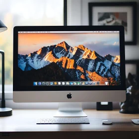 Apple iMac on Wooden Desk with Mountain Wallpaper