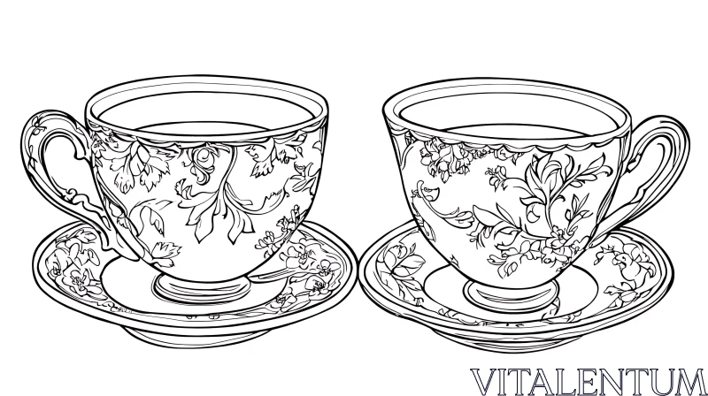 AI ART Pair of Floral Teacups Outline Drawing